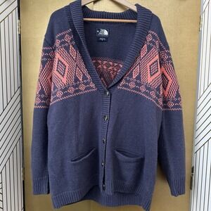 Womens The North Face Jacquardigan Sweater Size XL Blue Coral Front Pockets
